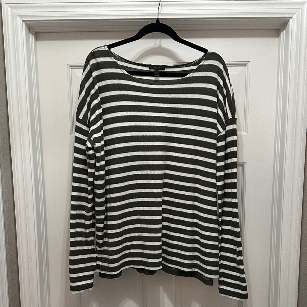 J. Crew Olive and White Striped Crewneck Sweater